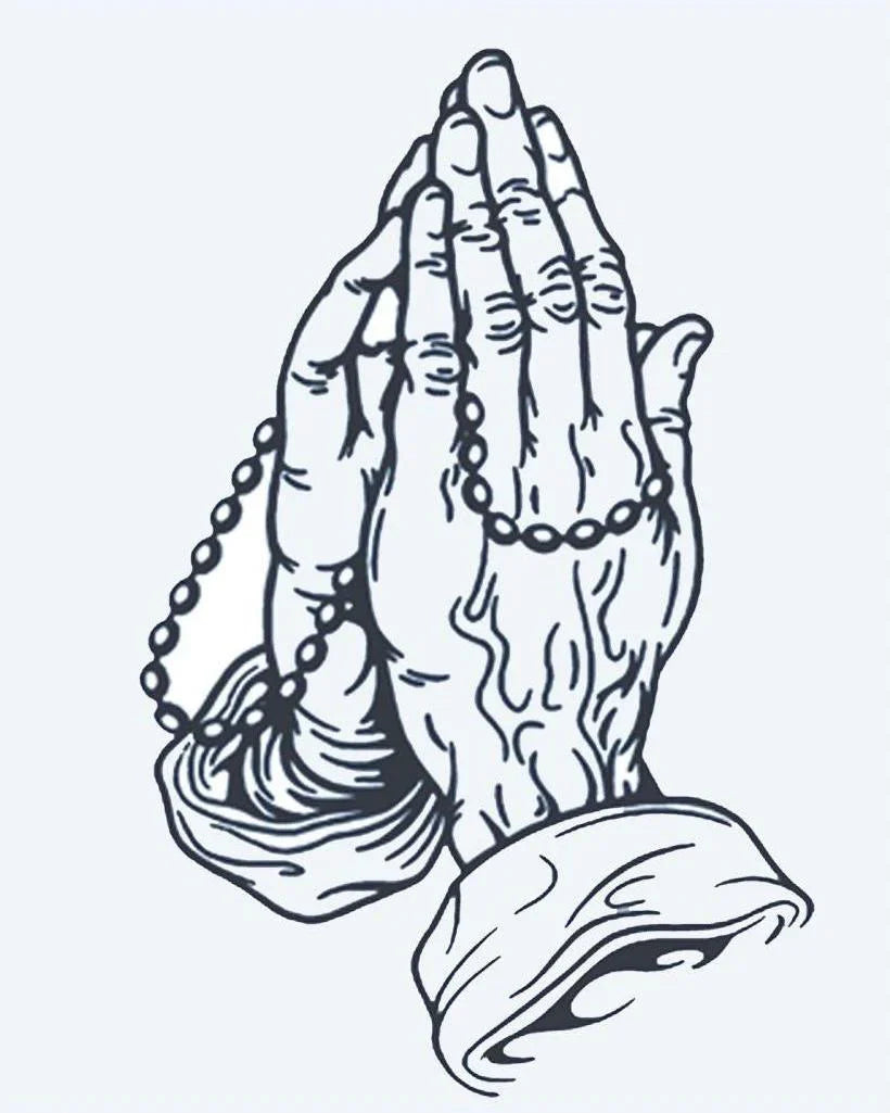 Design del tatuaggio semi-permanente Mani Giunte in Preghiera con Rosario di INKON – illustrazione preghiera, mani, avvolte, rosario, intramontabile, 4 x 7 in (10x17cm), disponibile su inkon.co