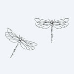 Design del tatuaggio semi-permanente Dragonfly Duo di INKON – illustrazione aggraziata, coppia, libellule, delicato, linea, 3 x 4 in (7x10cm), disponibile su inkon.co