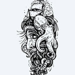 Design del tatuaggio semi-permanente Kraken & Ship di INKON – illustrazione epico, kraken, polpo, attacca, veliero, 4 x 8 in (11x21cm), disponibile su inkon.co