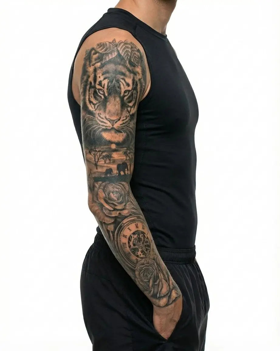 Tatuaggio semi-permanente INKON Tiger & Safari Clock applicato su un uomo – design 8 x 20 in (20x50cm), aspetto realistico dell'inchiostro, dura 10 giorni