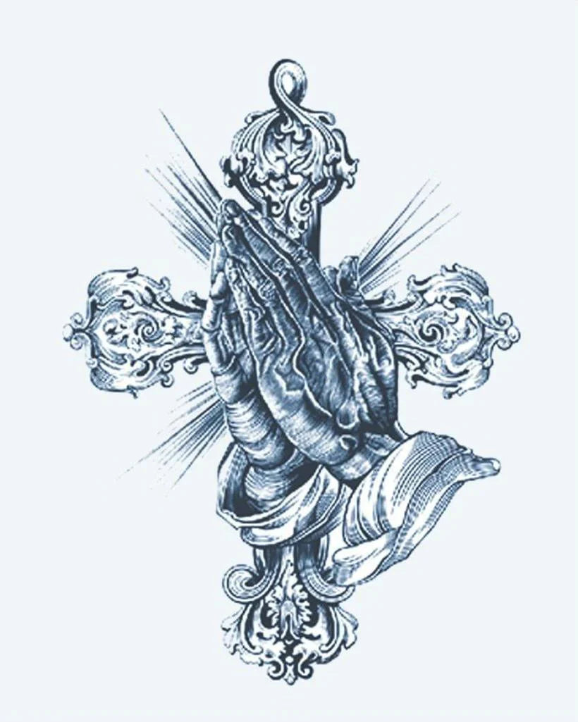 Design del tatuaggio semi-permanente Mani in Preghiera e Croce Ornata di INKON – illustrazione preghiera, mani, contro, barocca, ornamentale, 4 x 7 in (10x17cm), disponibile su inkon.co