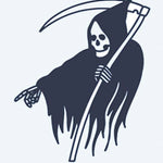 Design del tatuaggio semi-permanente Grim Reaper 2 di INKON – illustrazione di Tristo Mietitore incappucciato con grande falce, 2 x 2 in (5x5cm), disponibile su inkon.co