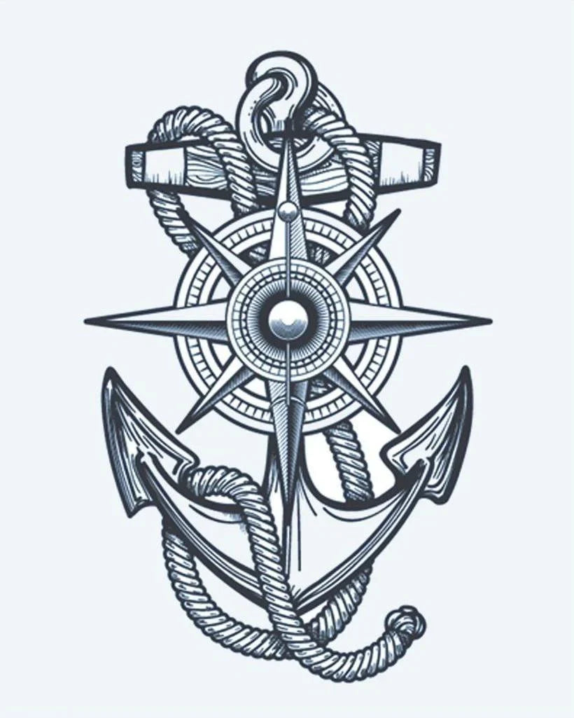 Design del tatuaggio semi-permanente Ancora e Rosa dei Venti di INKON – illustrazione nautico, ancora, bussola, rosa, avvolta, 4 x 7 in (10x17cm), disponibile su inkon.co