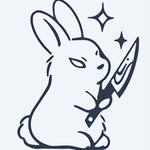 Design del tatuaggio semi-permanente Killer Bunny di INKON – illustrazione di coniglietto minaccioso che impugna un coltello, 2 x 2 in (5x5cm), disponibile su inkon.co