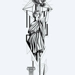 Design del tatuaggio semi-permanente Greek Goddess & Dove di INKON – illustrazione di classica dea greca che libera una colomba, 8 x 20 in (20x50cm), disponibile su inkon.co