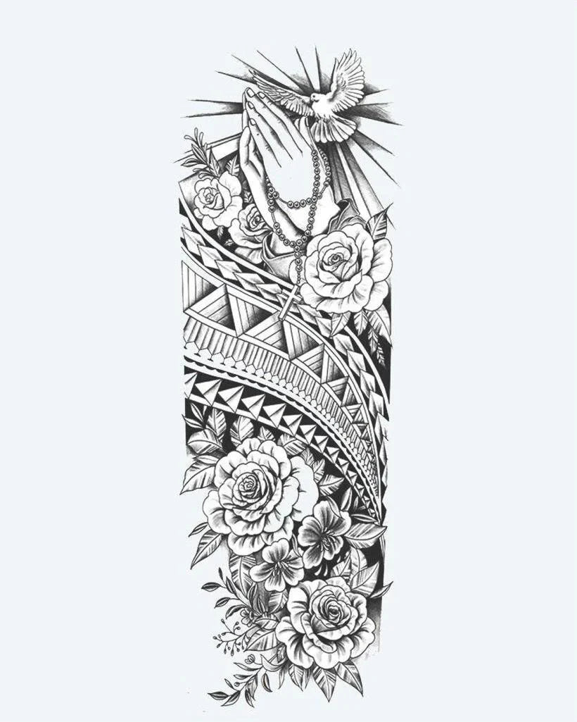 Design del tatuaggio semi-permanente Praying Hands, Dove & Roses di INKON – illustrazione spirituale, manica, intera, preghiera, mani, 8 x 20 in (20x50cm), disponibile su inkon.co