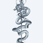 Design del tatuaggio semi-permanente Serpente e Spada di INKON – illustrazione serpente, attorcigliato, spada, rose, mezzaluna, 4 x 7 in (10x17cm), disponibile su inkon.co
