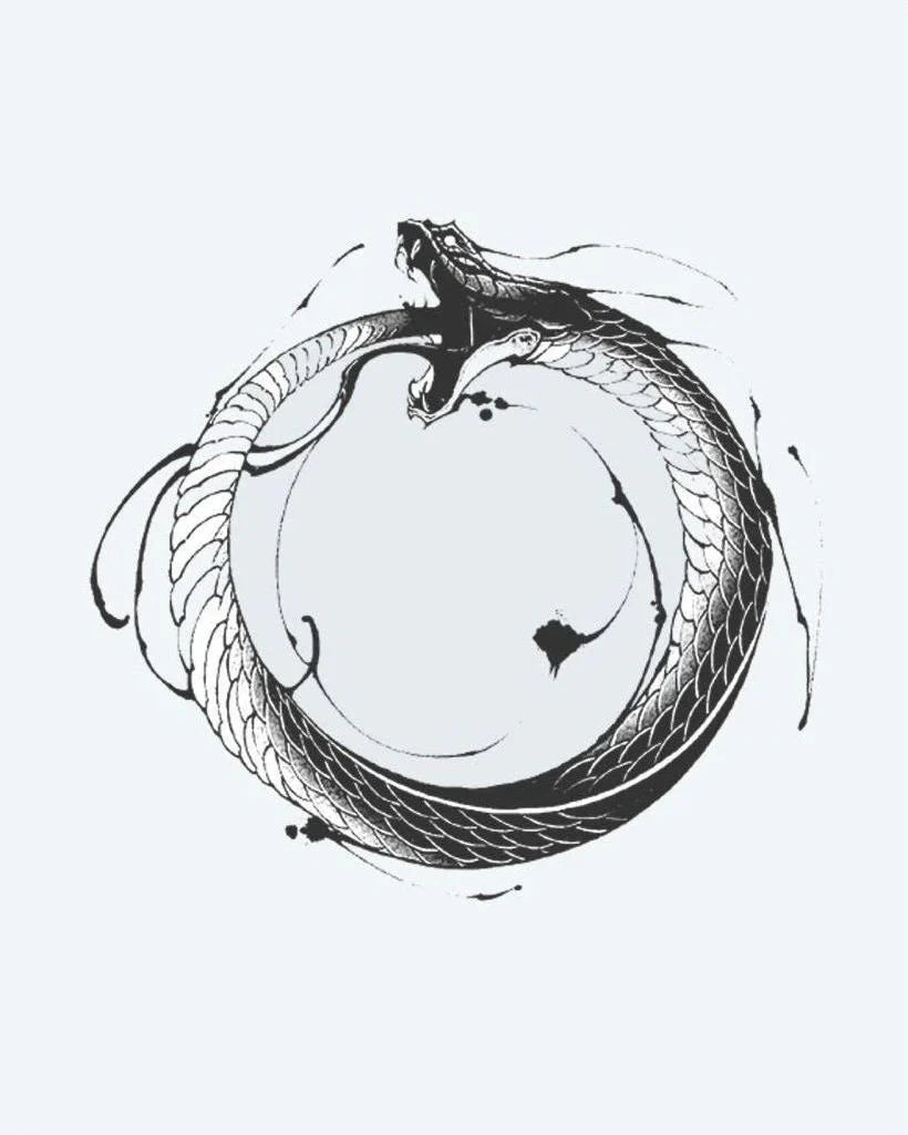 Design del tatuaggio semi-permanente Serpente Ouroboros di INKON – illustrazione antico, ouroboros, simbolo, serpente, morde, 4 x 4 in (9x9cm), disponibile su inkon.co