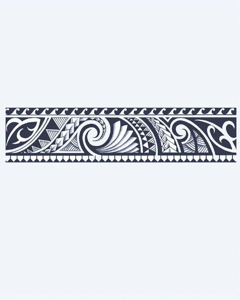 Design del tatuaggio semi-permanente Bracciale Tribale Polinesiano di INKON – illustrazione maori, bracciale, fluenti, koru, spirali, 2 x 9 in (5x23cm), disponibile su inkon.co