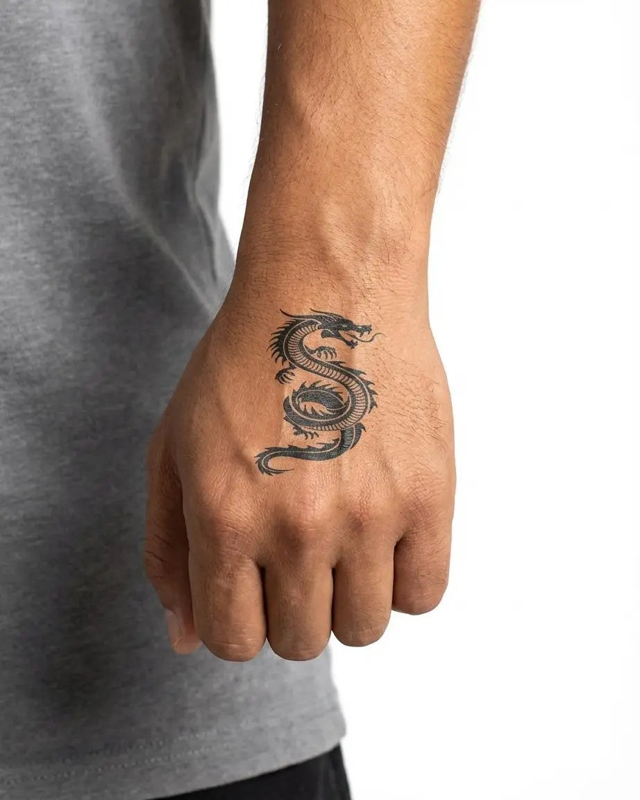 Tatuaggio semi-permanente INKON Serpent Dragon applicato su un uomo – design 2 x 2 in (5x5cm), aspetto realistico dell'inchiostro, dura 10 giorni