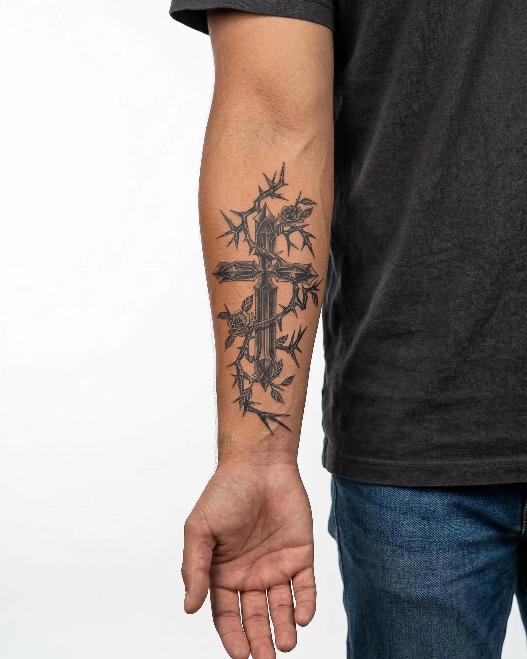 Tatuaggio semi-permanente INKON Croce con Rose e Spine applicato su un uomo – design 4 x 7 in (10x17cm), aspetto realistico dell'inchiostro, dura 10 giorni