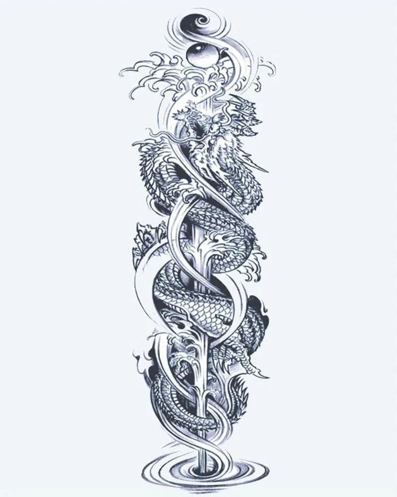 Design del tatuaggio semi-permanente Twin Dragons & Yin Yang di INKON – illustrazione manica, intera, intrecciati, draghi, spirale, 8 x 20 in (20x50cm), disponibile su inkon.co