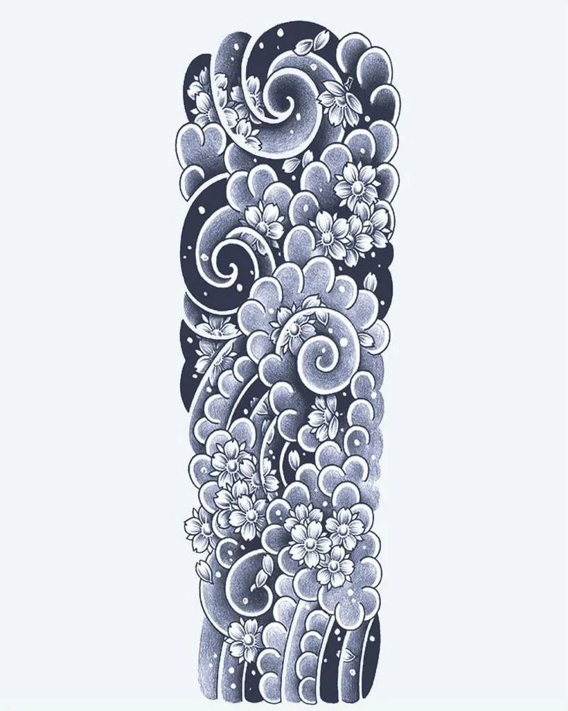 Design del tatuaggio semi-permanente Japanese Clouds & Cherry Blossoms di INKON – illustrazione splendido, giapponese, manica, intera, vorticose, 8 x 20 in (20x50cm), disponibile su inkon.co