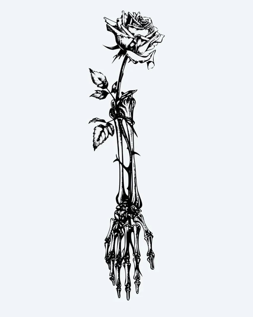 Design del tatuaggio semi-permanente Skeleton Hand & Rose di INKON – illustrazione scheletrica, regge, singola, rosa, spinoso, 8 x 20 in (20x50cm), disponibile su inkon.co