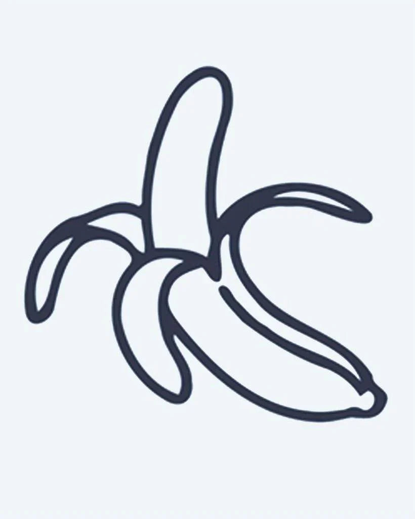 Design del tatuaggio semi-permanente Peeled Banana di INKON – illustrazione di banana mezza sbucciata a linee giocose, 2 x 2 in (5x5cm), disponibile su inkon.co