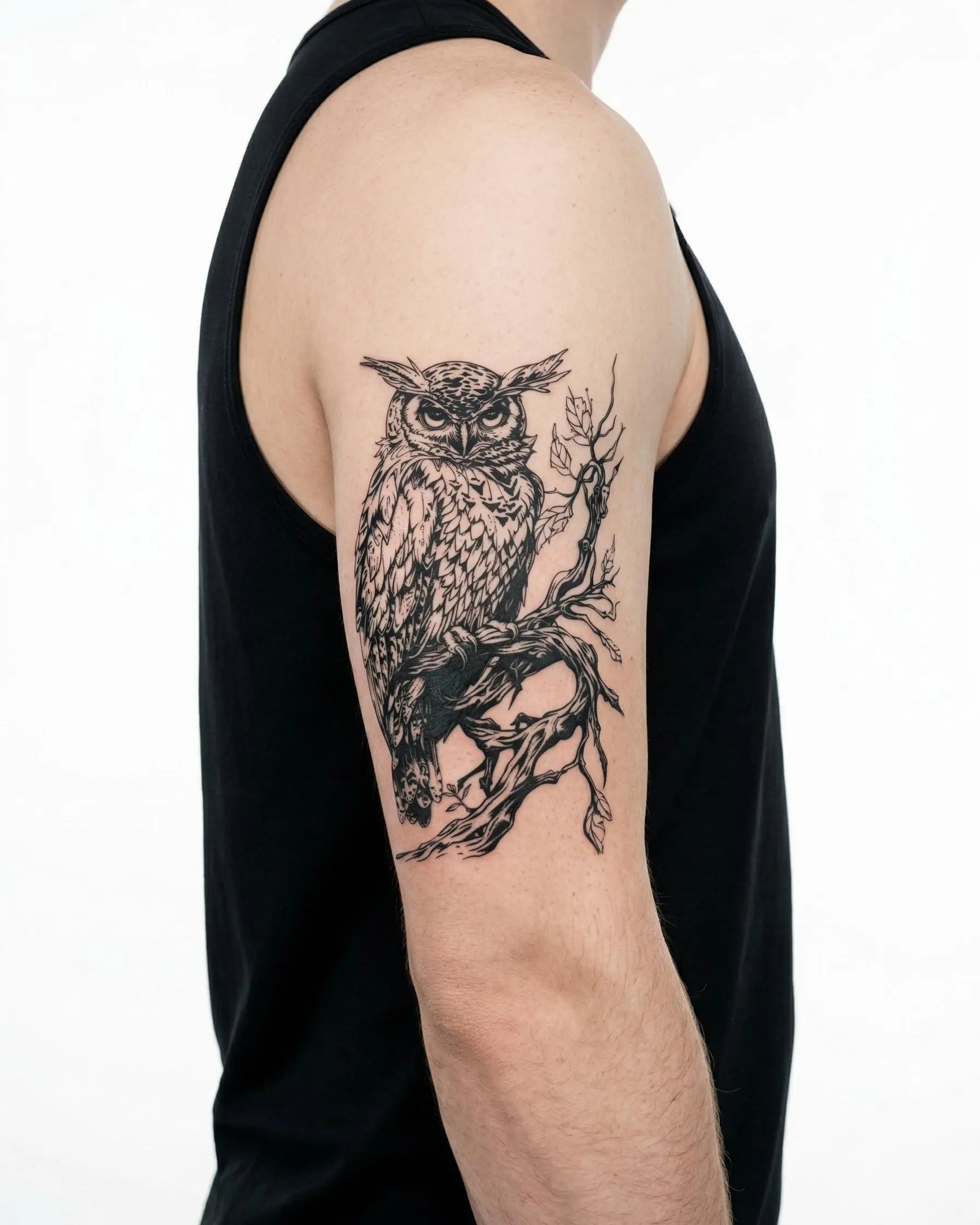 Tatuaggio semi-permanente INKON Gufo sul Ramo applicato su un uomo – design 4 x 7 in (10x17cm), aspetto realistico dell'inchiostro, dura 10 giorni