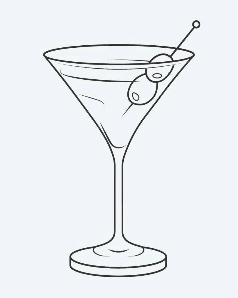 Design del tatuaggio semi-permanente Martini Glass di INKON – illustrazione di classico bicchiere da martini con oliva, 2 x 2 in (5x5cm), disponibile su inkon.co