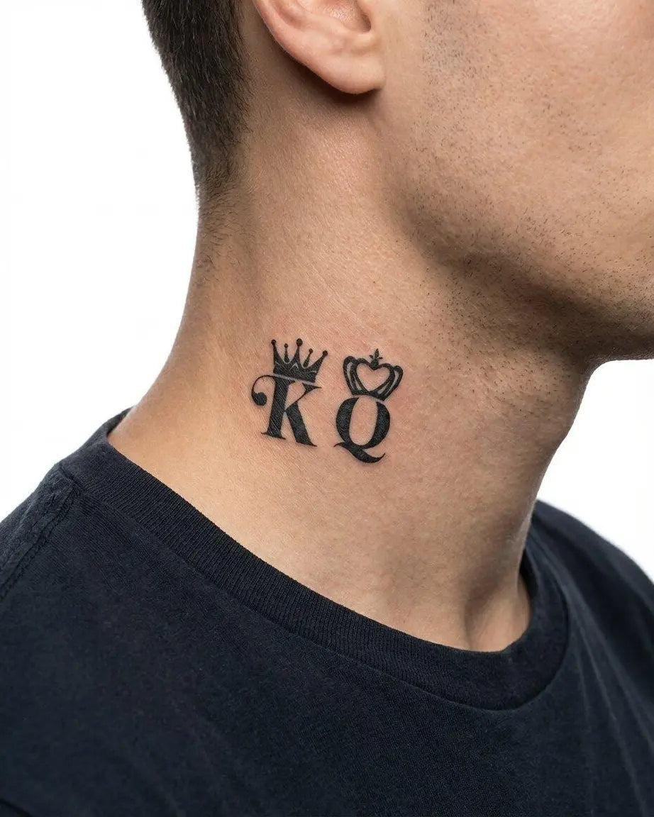 Tatuaggio semi-permanente INKON King & Queen Crowns applicato su un uomo – design 2 x 2 in (5x5cm), aspetto realistico dell'inchiostro, dura 10 giorni