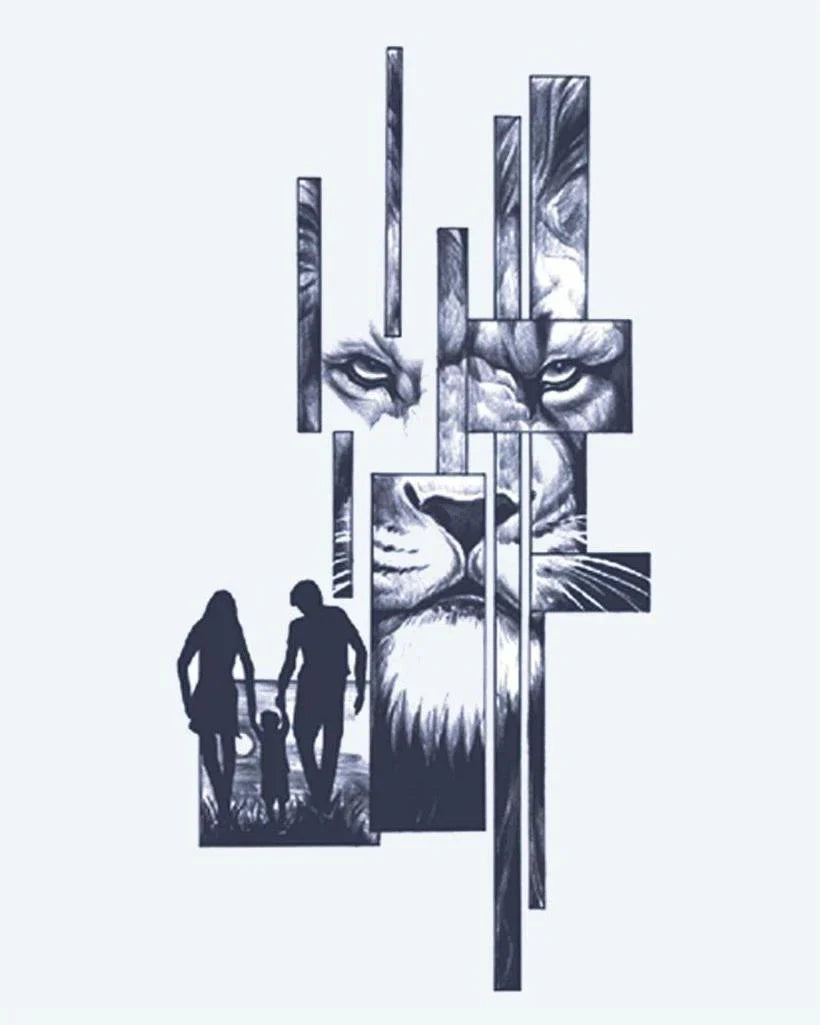 Design del tatuaggio semi-permanente Leone e Silhouette di Famiglia di INKON – illustrazione astratto, frammentato, leone, ritratto, famiglia, 4 x 7 in (10x17cm), disponibile su inkon.co