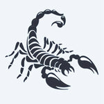 Design del tatuaggio semi-permanente Scorpion di INKON – illustrazione scorpione, segmentato, chele, arricciato, pungiglione, 2 x 2 in (5x5cm), disponibile su inkon.co