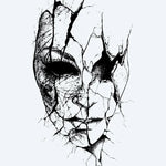 Design del tatuaggio semi-permanente Cracked Face di INKON – illustrazione inquietantemente, incrinato, volto, espressivo, misterioso, 3 x 4 in (7x10cm), disponibile su inkon.co