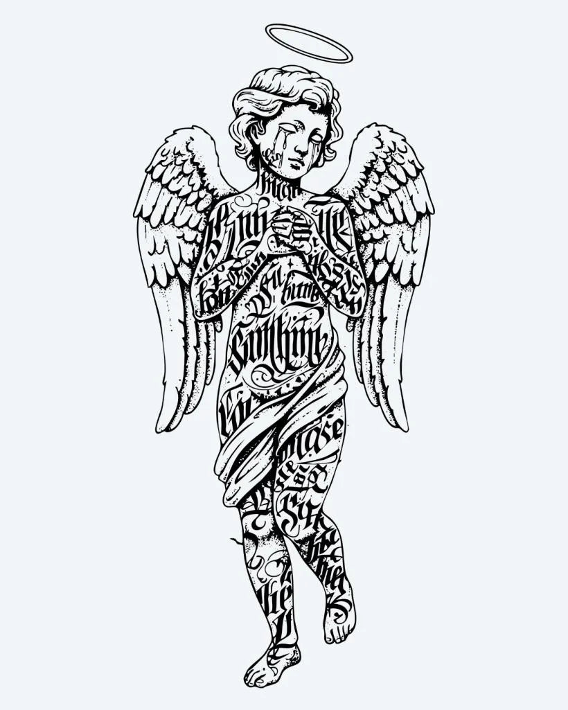 Design del tatuaggio semi-permanente Angelo Lettering di INKON – illustrazione alato, angelo, figura, aureola, ricoperta, 4 x 7 in (10x17cm), disponibile su inkon.co