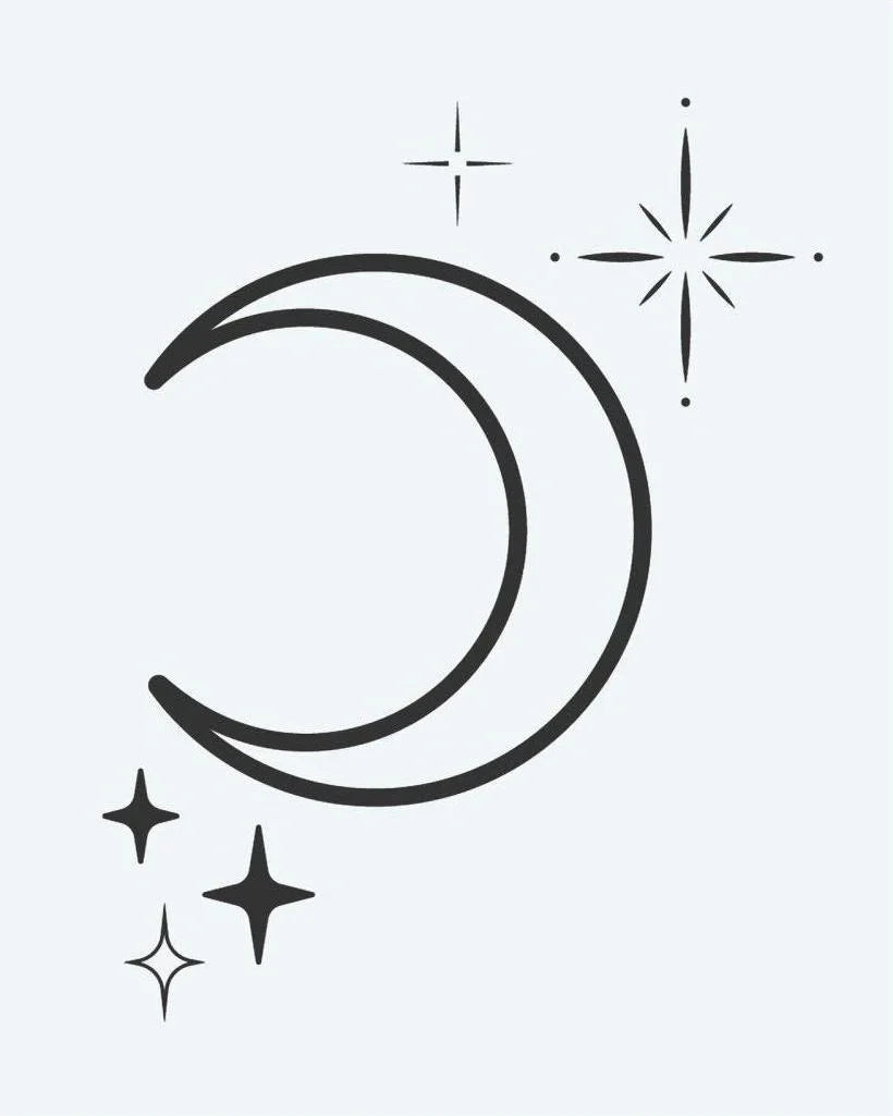 Design del tatuaggio semi-permanente Crescent Moon & Stars di INKON – illustrazione di luna crescente con stelle scintillanti, 2 x 2 in (5x5cm), disponibile su inkon.co
