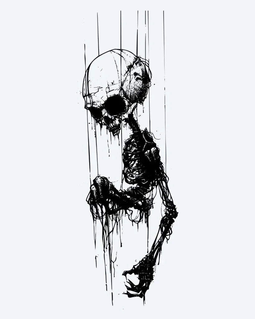 Design del tatuaggio semi-permanente Fallen Skeleton di INKON – illustrazione dark, drammatico, cade, scheletro, circondato, 3 x 4 in (6x11cm), disponibile su inkon.co