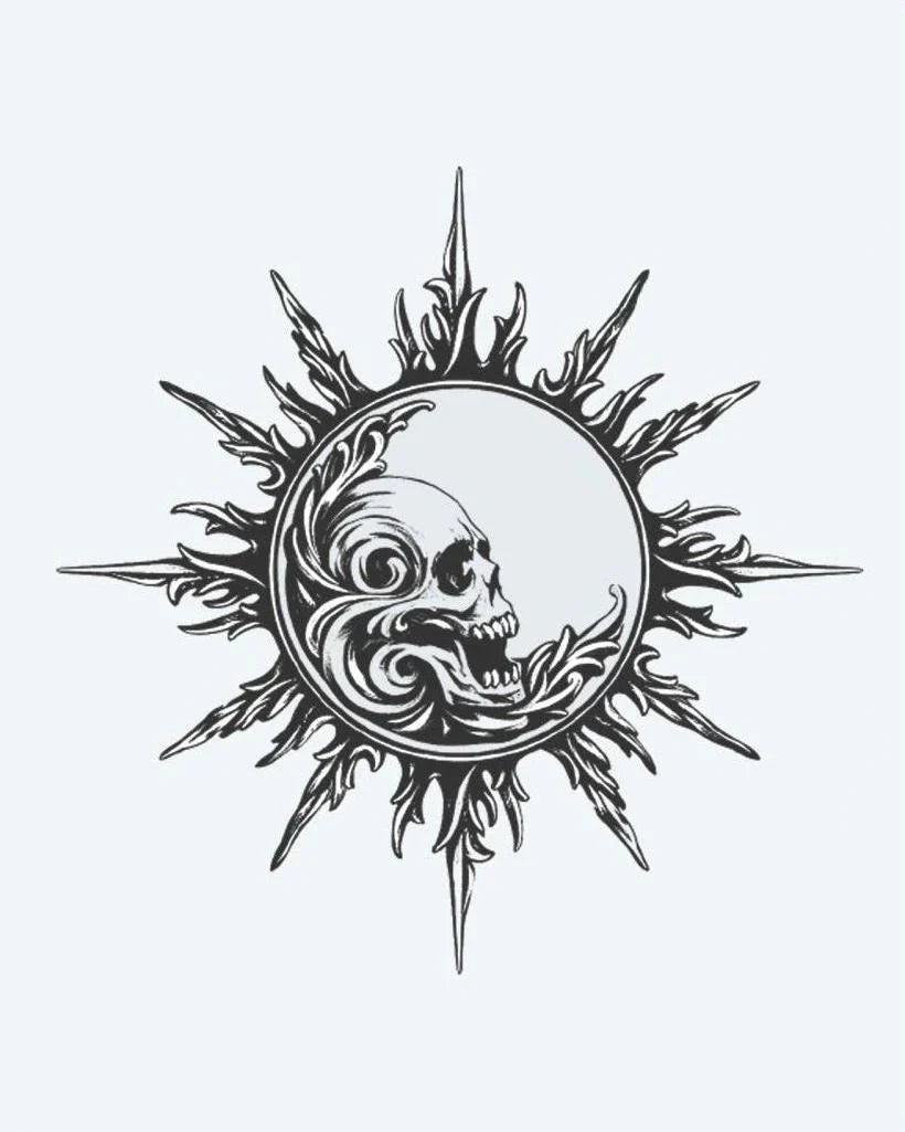 Design del tatuaggio semi-permanente Teschio Sole e Luna di INKON – illustrazione ornato, radianti, fiamma, raggi, contengono, 4 x 4 in (9x9cm), disponibile su inkon.co