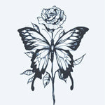Design del tatuaggio semi-permanente Rose & Butterfly di INKON – illustrazione delicato, combina, rosa, fiore, farfalla, 3 x 4 in (6x11cm), disponibile su inkon.co