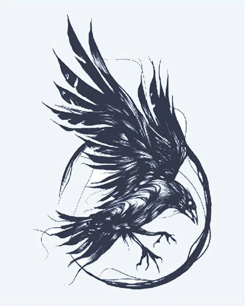 Design del tatuaggio semi-permanente Corvo in Volo di INKON – illustrazione dinamico, corvo, volo, spiegate, ali, 4 x 7 in (10x17cm), disponibile su inkon.co