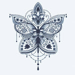 Design del tatuaggio semi-permanente Ornamental Butterfly di INKON – illustrazione mandala, farfalla, loto, fiore, accenti, 2 x 2 in (5x5cm), disponibile su inkon.co