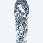 Design del tatuaggio semi-permanente Sea Goddess & Sailing Ship di INKON – illustrazione incantevole, manica, intera, dea, rose, 8 x 20 in (20x50cm), disponibile su inkon.co