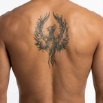 Tatuaggio semi-permanente INKON Phoenix Rising 2 applicato su un uomo – design 4 x 8 in (11x21cm), aspetto realistico dell'inchiostro, dura 10 giorni