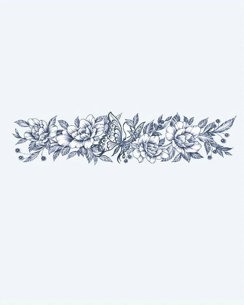 Design del tatuaggio semi-permanente Bracciale Farfalla e Peonia di INKON – illustrazione delicato, floreale, bracciale, peonie, fiori, 2 x 9 in (5x23cm), disponibile su inkon.co