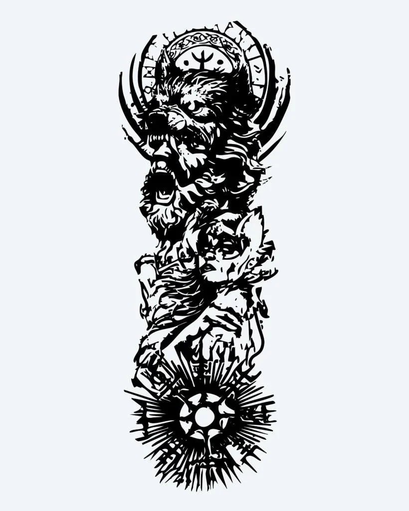 Design del tatuaggio semi-permanente Viking Warrior Sleeve di INKON – illustrazione epico, norrena, manica, intera, vichingo, 8 x 20 in (20x50cm), disponibile su inkon.co