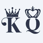 Design del tatuaggio semi-permanente King & Queen Crowns di INKON – illustrazione abbinate, king, queen, lettere, ornamentali, 2 x 2 in (5x5cm), disponibile su inkon.co