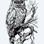 Design del tatuaggio semi-permanente Gufo sul Ramo di INKON – illustrazione molto, appollaiato, nodoso, albero, ramo, 4 x 7 in (10x17cm), disponibile su inkon.co