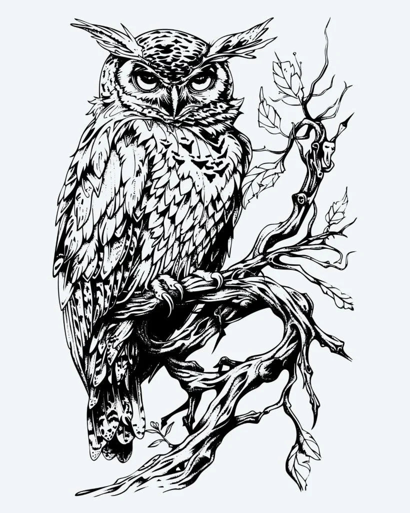 Design del tatuaggio semi-permanente Gufo sul Ramo di INKON – illustrazione molto, appollaiato, nodoso, albero, ramo, 4 x 7 in (10x17cm), disponibile su inkon.co