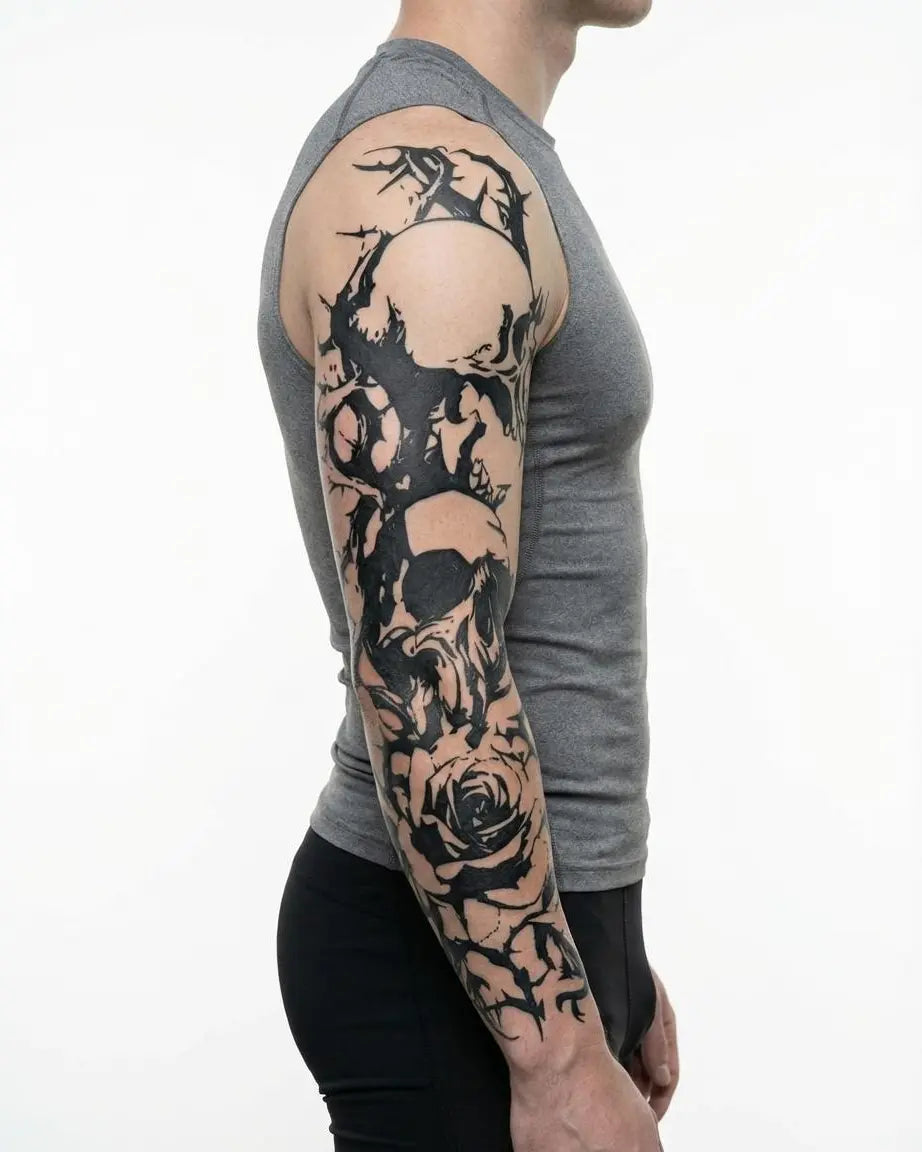 Tatuaggio semi-permanente INKON Skulls & Roses Sleeve applicato su un uomo – design 8 x 20 in (20x50cm), aspetto realistico dell'inchiostro, dura 10 giorni