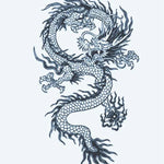 Design del tatuaggio semi-permanente Chinese Dragon 2 di INKON – illustrazione sinuoso, cinese, drago, squame, artigli, 3 x 4 in (7x10cm), disponibile su inkon.co