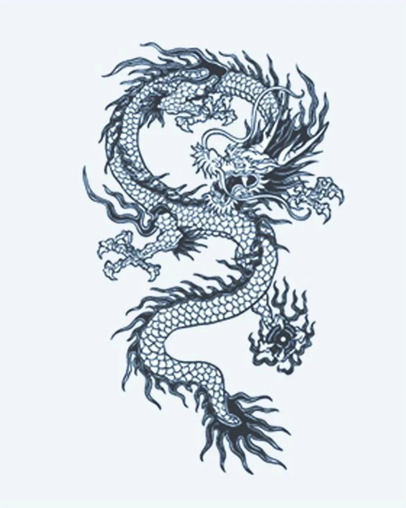 Design del tatuaggio semi-permanente Chinese Dragon 2 di INKON – illustrazione sinuoso, cinese, drago, squame, artigli, 3 x 4 in (7x10cm), disponibile su inkon.co