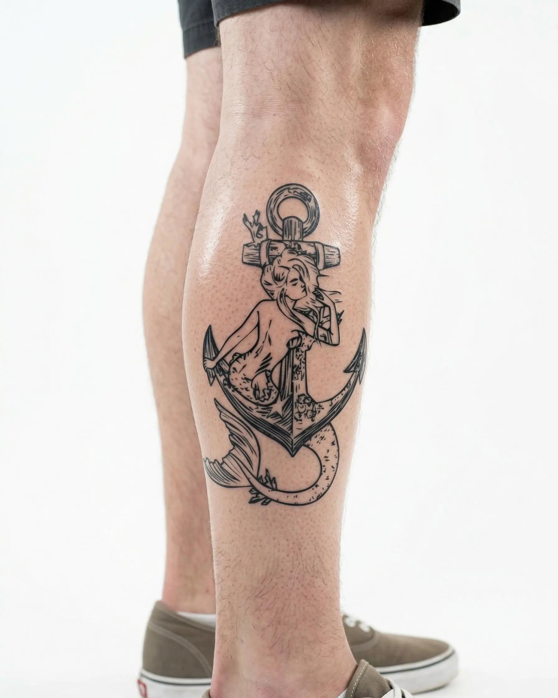 Tatuaggio semi-permanente INKON Sirena e Ancora applicato su un uomo – design 4 x 7 in (10x17cm), aspetto realistico dell'inchiostro, dura 10 giorni