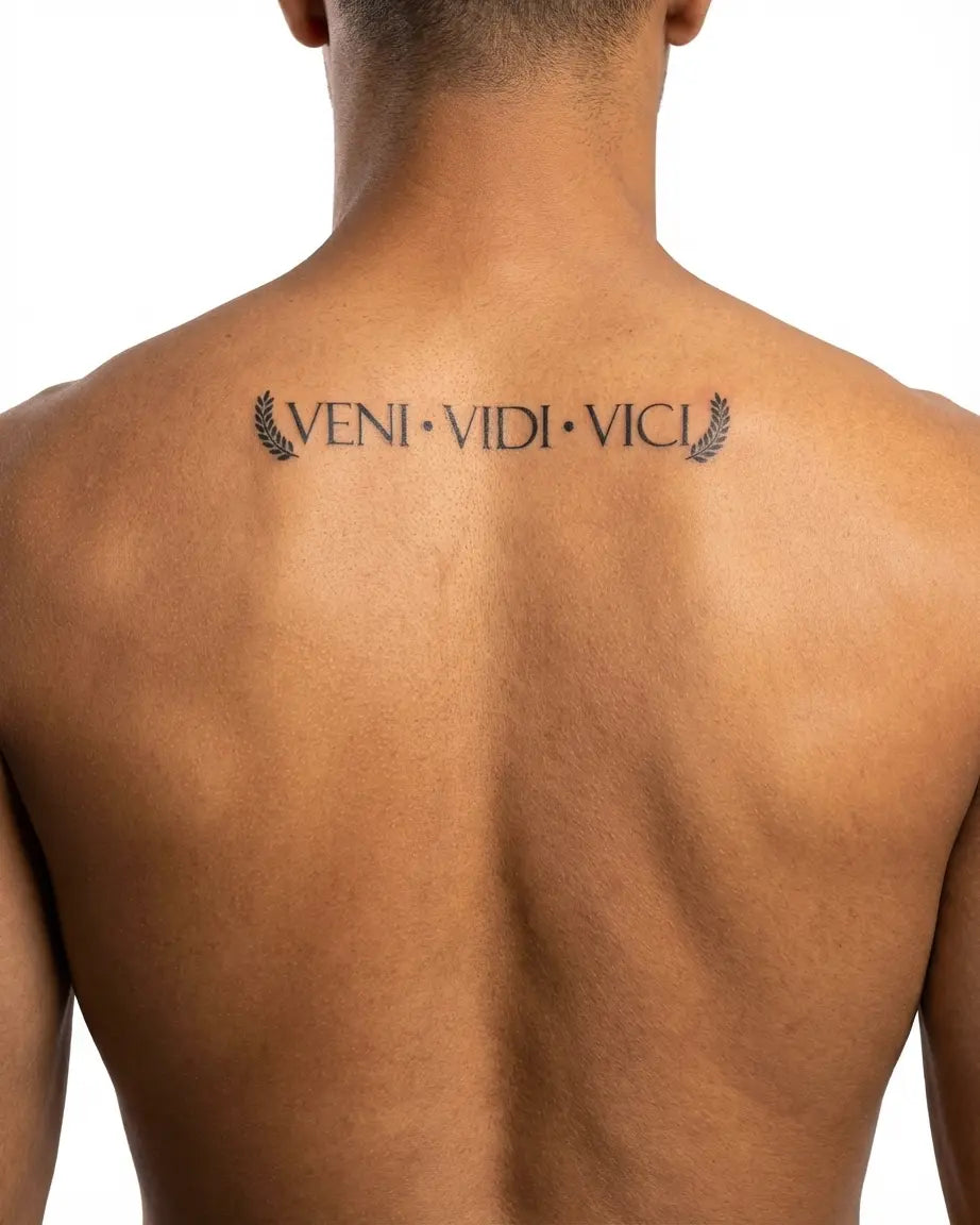 Tatuaggio semi-permanente INKON Veni Vidi Vici applicato su un uomo – design 4 x 7 in (10x17cm), aspetto realistico dell'inchiostro, dura 10 giorni