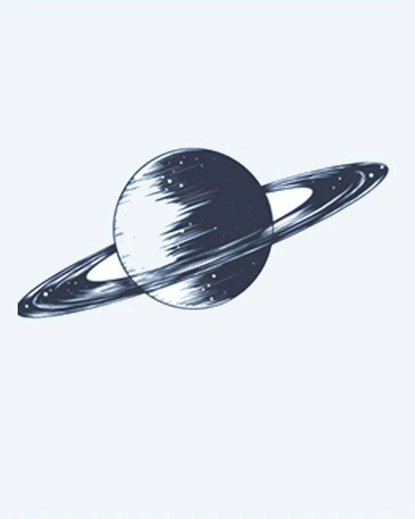 Design del tatuaggio semi-permanente Saturn Planet di INKON – illustrazione di Saturno con anelli e texture superficiale, 2 x 2 in (5x5cm), disponibile su inkon.co