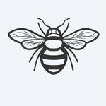 Design del tatuaggio semi-permanente Honeybee 2 di INKON – illustrazione di ape con ali spiegate e corpo a strisce, 2 x 2 in (5x5cm), disponibile su inkon.co