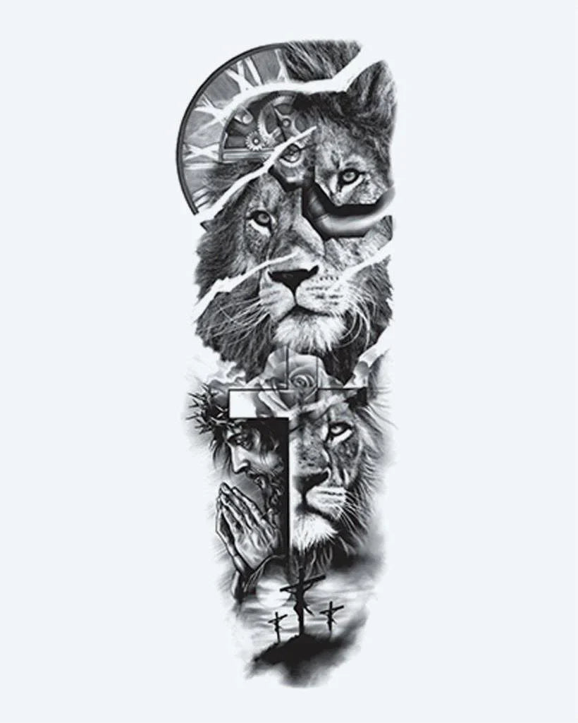 Design del tatuaggio semi-permanente Lion, Cross & Praying Hands di INKON – illustrazione fede, manica, intera, leoni, croce, 8 x 20 in (20x50cm), disponibile su inkon.co