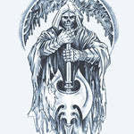 Design del tatuaggio semi-permanente Tristo Mietitore e Ascia di INKON – illustrazione incappucciato, scheletro, mietitore, impugna, enorme, 4 x 7 in (10x17cm), disponibile su inkon.co