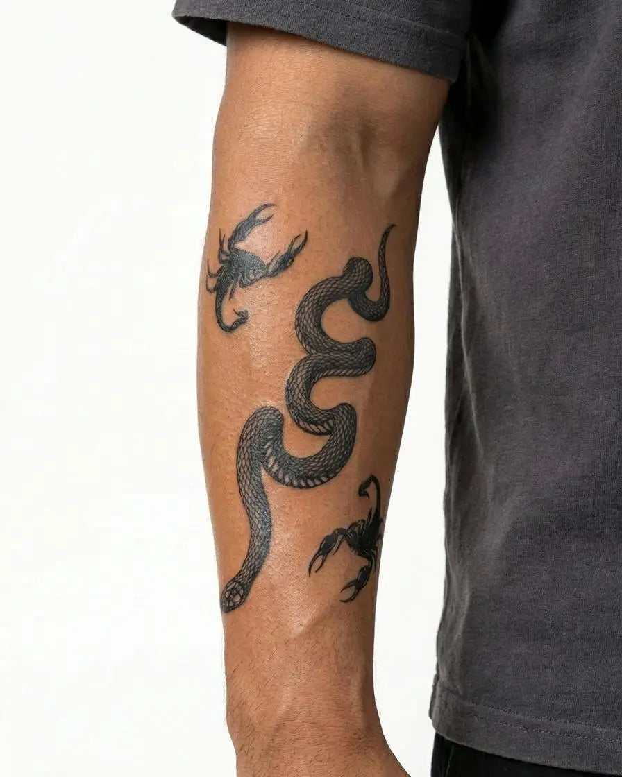 Tatuaggio semi-permanente INKON Serpente e Scorpioni applicato su un uomo – design 4 x 7 in (10x17cm), aspetto realistico dell'inchiostro, dura 10 giorni