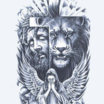 Design del tatuaggio semi-permanente Fede: Leone, Croce e Angelo di INKON – illustrazione divisa, composizione, spirituale, figura, leone, 4 x 7 in (10x17cm), disponibile su inkon.co
